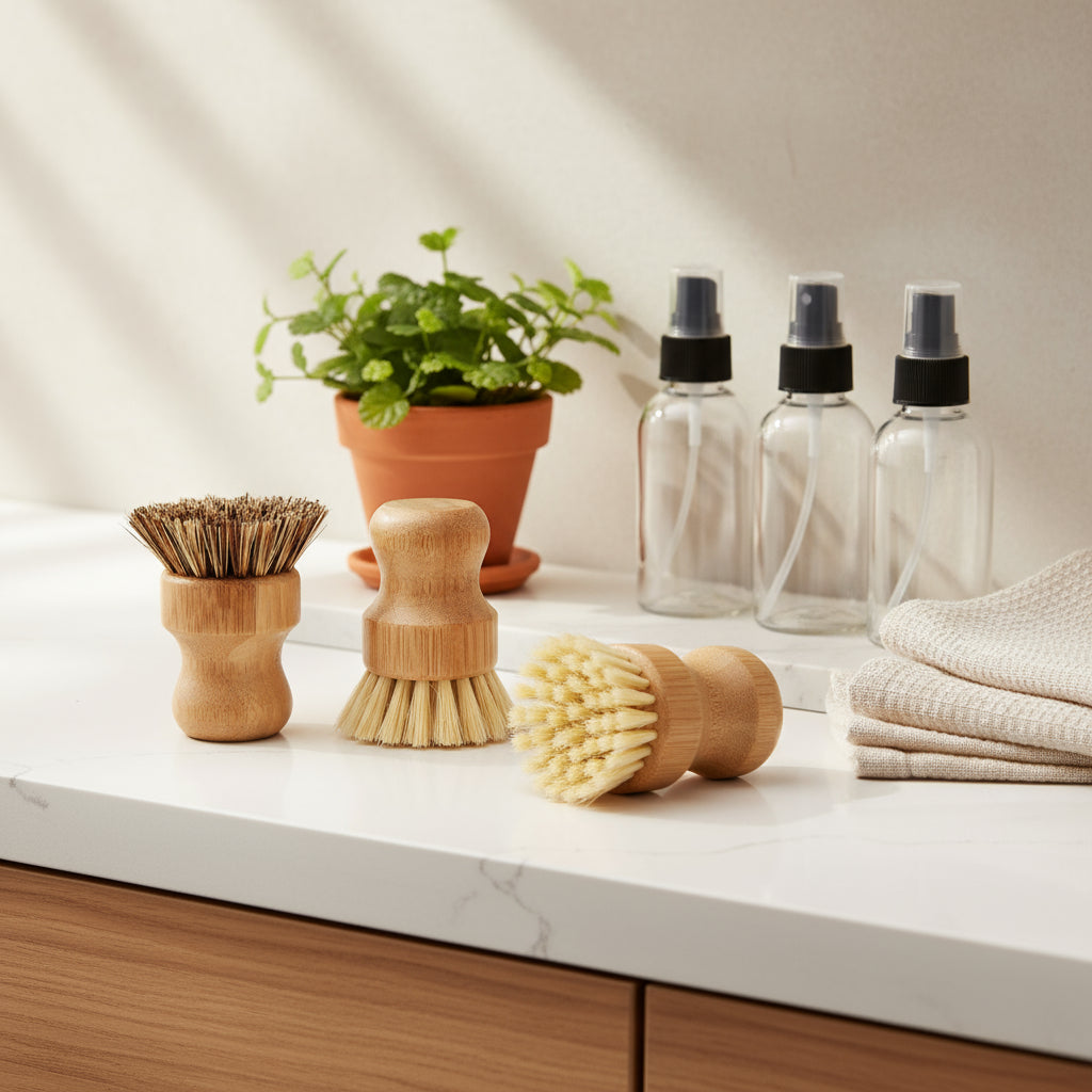 Natural bristle dish scrubber
