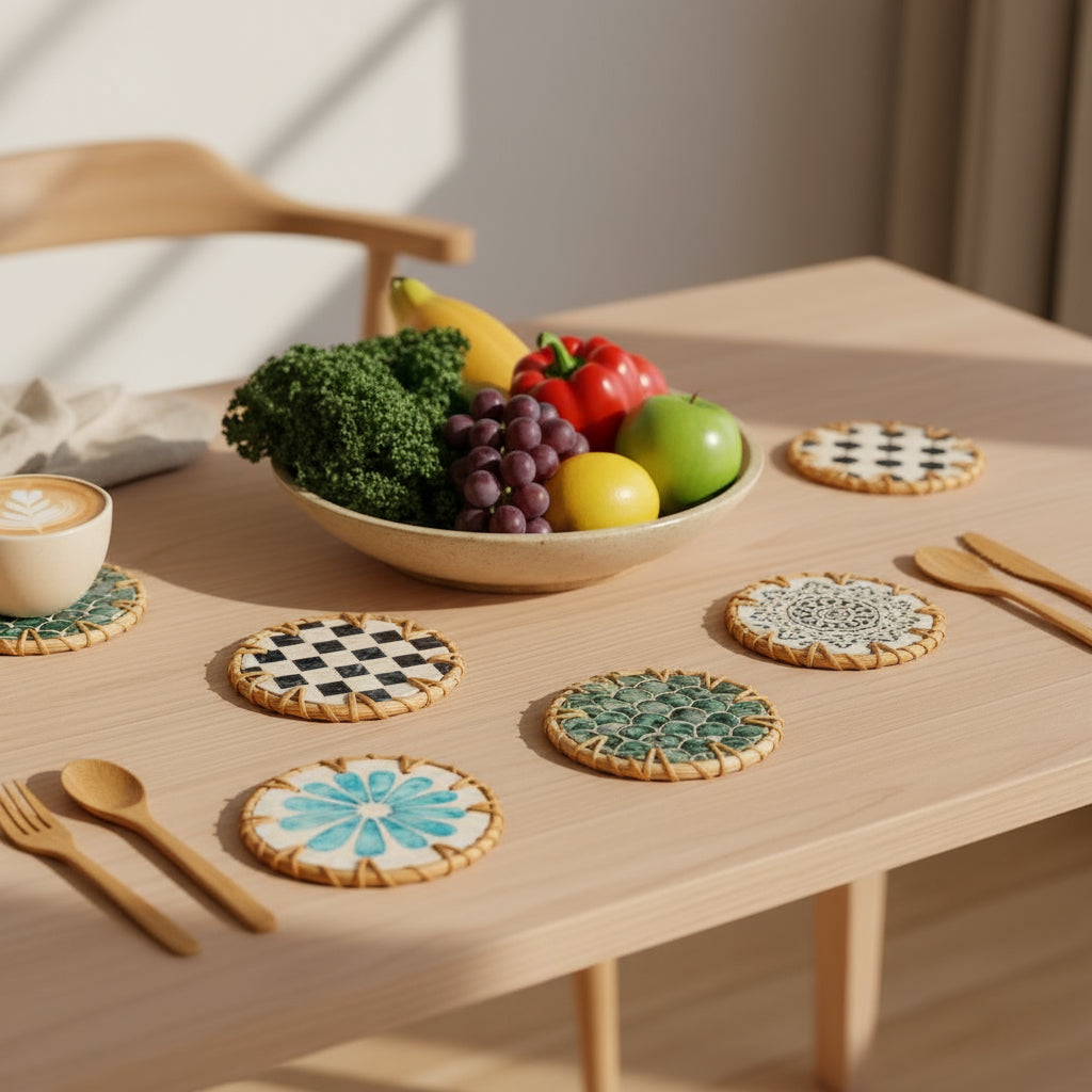 Handmade Natural Rattan & Mother of Pearl Coaster Set (6 Piece + Holder) • Drift