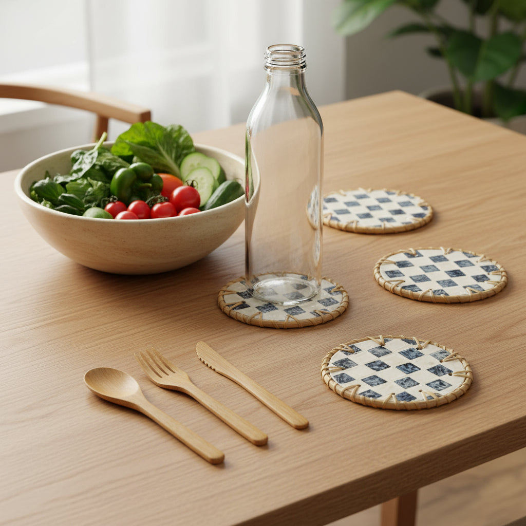 Handmade Natural Rattan & Mother of Pearl Coaster Set (6 Piece + Holder) • Drift